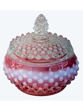 Fenton Cranberry Hobnail opalescent Puff Powder Jar Clear Lid Finial
